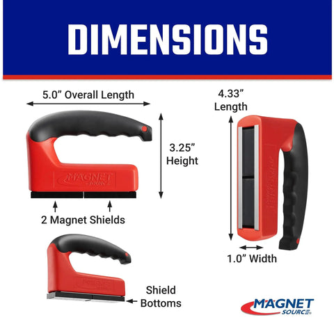 100 Pound Pull Magnetic Lifter With Ergonomic Handle Red, showing dimensions and magnet shields, with grip detail.