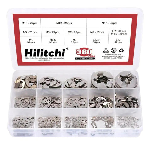 380 Piece E Clip Circlip External Retaining Ring Set In 14 Sizes 304 Stainless Steel Kit in open box with size chart