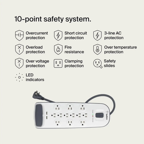 12 Outlet Surge Protector Power Strip With USB Ports, 6 Ft Flat Plug Extension Cord, 3996 Joules Protection, white, 10-point safety system