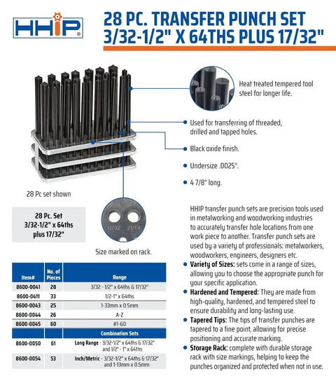 28 Piece Transfer Punch Set For Precise Hole Layout And Transfer, Ranging From 3/32 To 1/2 Inch By 64ths And 17/32 Inch, Undersize Tolerance.0025, Hardened Tool Steel, 4 7/8 Inch Length, Black Oxide Finish, Indexed Stand For Accurate Hole Transfer display