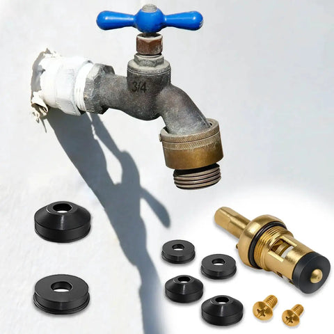 106 Piece Faucet Washer Kit With Assorted Flat And Beveled Rubber Washers For Outdoor Garden Faucets, Leak Repair And Replacement, Includes 6 Brass Screws, Wide Range Of Washers In Three Eighths And One Quarter Inch Sizes, shown with components and a garden faucet.