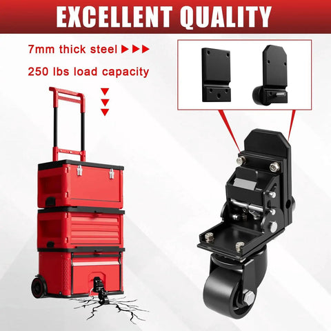 Steel Construction Front Wheels for Packout Caster Kit Fit for Rolling Toolbox with foldable design, shown on red toolbox.