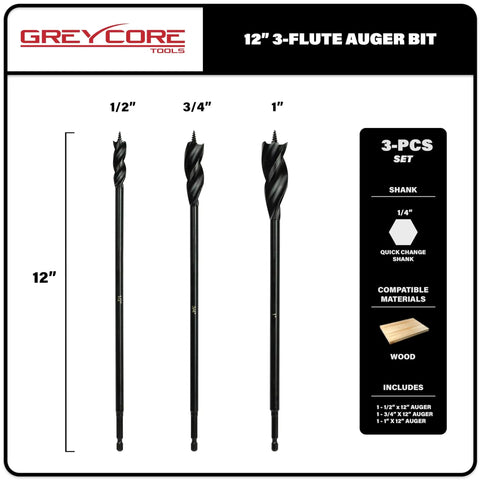 Three Piece Twelve Inch Wood Auger Bit Set With One Quarter Inch Quick Change Hex Shank for woodworking and drill use.
