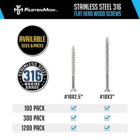 #10 x 3 Marine Grade Type 316 Stainless Steel Wood Screws - 300 Pack with T25 Bit - Torx Flat Head Type 17 Point Ideal for Decks, Fences, and Coastal Construction - Canadian Ball Bearing Supplier.