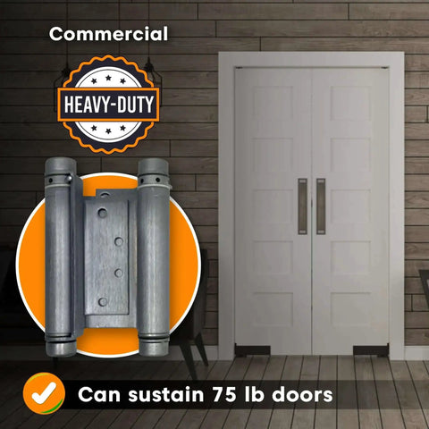 6 Inch Double Action Spring Hinge For Saloon Doors 4 Pack Satin Chrome Finish shown with white double doors