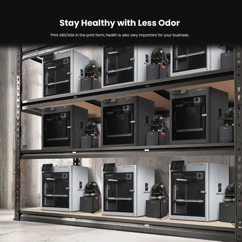 Pro Grade 3D Printer Filtration System With True HEPA H13 And Carbon Filter in use with Bambu Lab P1S X1C on industrial shelves