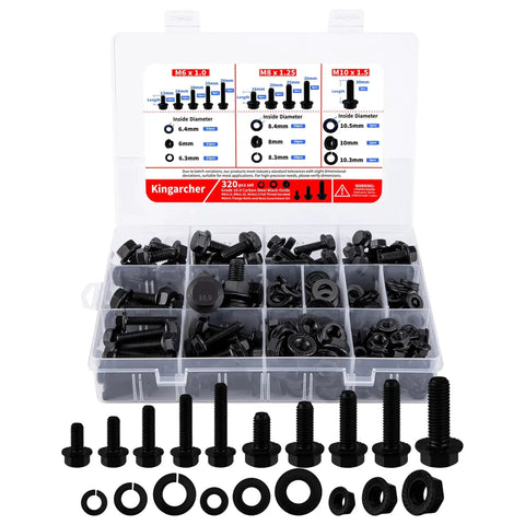 320 Piece Metric Flange Bolts And Nuts Set With Fully Threaded M6 X 1.0, M8 X 1.25, M10 X 1.5 Bolts, Serrated Flange Nuts, Flat And Spring Washers, Carbon Steel Black Oxide, Storage Case, Heavy Duty Auto And DIY Kit in a storage case.