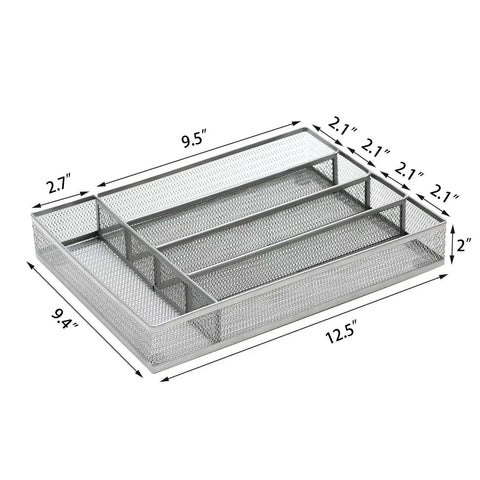Durable Mesh Wire Cutlery Drawer Organizer With Non Slip Foam Feet Five Compartment Silverware Tray For Kitchen Storage