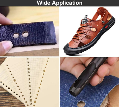 Various uses of Hollow Leather Punch Set Nine Piece Pro Grade 2.5mm To 10.0mm Carbon Steel Round Punches in leather, paper, and cloth.