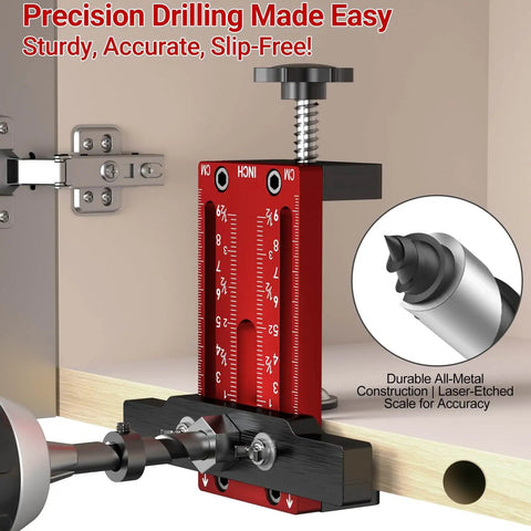 DIY Ready 2-In-1 Cabinet Door Mounting Jig With Drill Bits For Framed And Frameless Cabinets, visible in use on cabinet door.