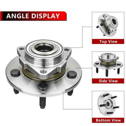 Pair Front Wheel Hub And Bearing Assembly For Ram 1500 2002 2008 5 Lug 2 Wheel ABS Models Only Without ABS Sensor Beefed Up Hub Replacement Easy Install Precise Fit For Dodge Trucks shown in multiple angles including top, side, and bottom views.