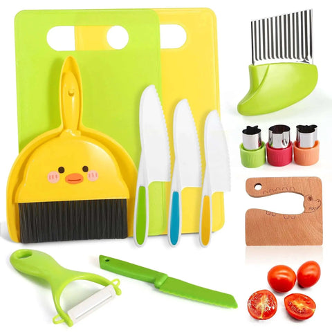 Kids Safe Kitchen Knife Set For Toddlers And Kids, 14 Piece Montessori Style Play Knife Set with boards, pans, cutters.