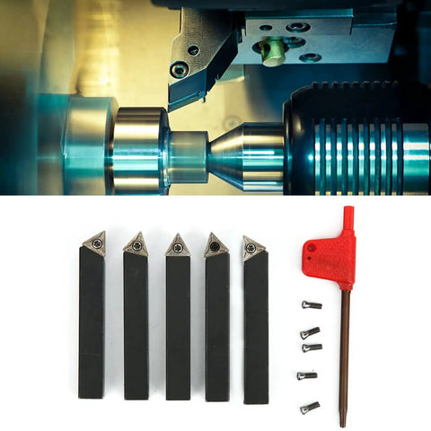 Versatile 5 Piece 3 Eighth Inch Indexable Turning Tool Set With Cemented Carbide Inserts in use and displayed with accessories.