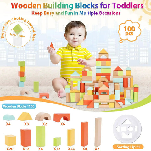 Wooden Building Blocks Set For Toddlers Ages 1 To 3, 100 Pcs With Storage Drum And Shape Lid, toddler playing with blocks
