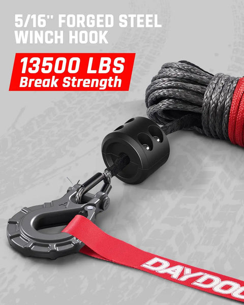 5/16 Inch Forged Steel Winch Hook with 13500 Lbs Break Strength attached to Heavy Duty 1/4 Inch By 50 Foot Synthetic Winch Rope.