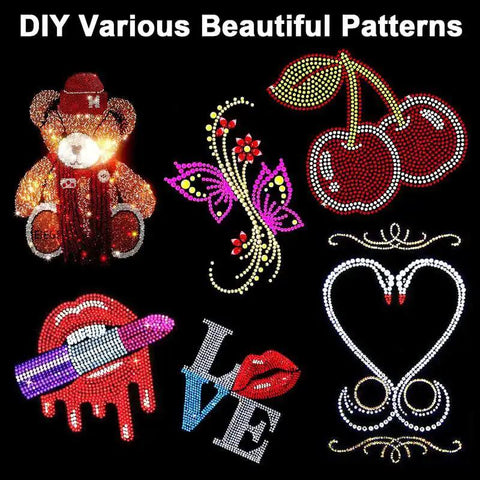 Colorful rhinestone patterns including bear, cherries, butterfly, lipstick, love sign, and heart for Hotfix Rhinestone Applicator Kit