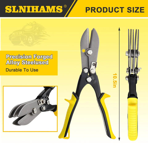 Five Blade Hand Crimper For Sheet Metal Ductwork And Stove Pipe Built Tough For 24 To 28 Gauge Ducts Downspouts And Gutter End Caps Ten Point Five Inch Crimping Tool Ideal For HVAC Projects displayed in multiple views including side and front view on a yellow background