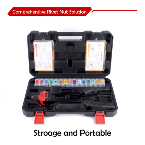 Rivet Nut Tool Kit With 16 Inch Gun 15 Mandrels 200 Rivet Nuts In Two Boxes Carrying Storage Case Open View