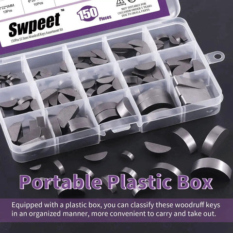150Pcs Woodruff Keys Set In 15 Sizes 3mm 4mm 5mm 6mm 8mm 10mm Half Moon Semicircle Bond Keys For Fasteners And Mechanical Hardware Metric Assortment Kit For DIYers And Pros in a clear plastic box