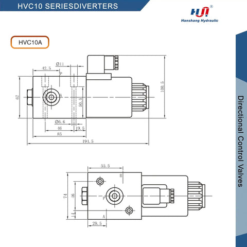 Technical drawing of Hydraulic Solenoid Selector Diverter Valve for Directional Spool Flow Control 3 Port SAE 8 12V DC