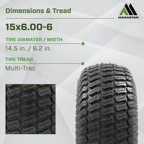 Close-up of multi-trac tread pattern on a 15x6.00-6 lawn mower tire, compatible with John Deere 100 and 300 series.