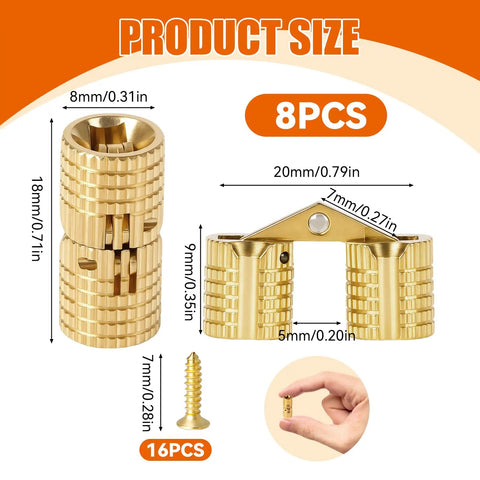 8 Pcs Brass Hidden Barrel Hinges 8 Mm Concealed Furniture Fittings With 180 Degree Opening For Jewelry Boxes Cabinets And Wood Craft Invisible Hardware For Wood Projects Durable Brass Hardware Set, showing dimensions and fingers holding a hinge.