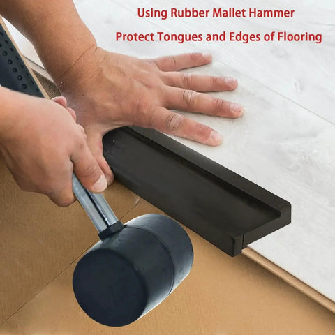 Universal Tapping Block For Vinyl Plank Flooring 3 Edges Notched Tongue Groove with rubber mallet in use