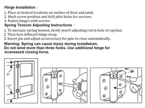 Installation instructions for Beefy Heavy Duty Adjustable Spring Hinge 3 Inch Black For Doors Thick Cold Rolled Steel 2 Pack No Mortise Required Full Surface Mount Made In Taiwan By QCAA.