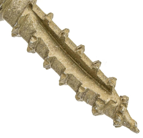 Close-up of heavy duty exterior coated construction lag screw with torx star drive, 16 inch length, 5/16 inch diameter, structural grade.