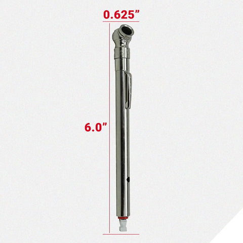 Milton S-928 pencil tire pressure gauge, metal body with built-in deflator; measures PSI and kPa.