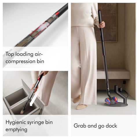 Dyson PencilVac Fluffycones cordless vacuum, black with red accents, shown with top-loading bin and dock