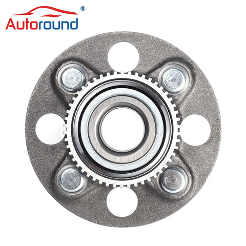 Front view of Rear Wheel Bearing And Hub Assembly For Honda Civic 2001-2005 And Acura EL 2001-2005 4 Lug With ABS Plug And Play Ready Replacement Part 512175 With 66mm Hub Pilot And 139mm Flange.