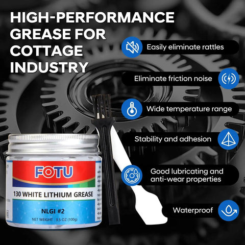 White Lithium Grease High Performance Lubricant For Bearings And Chains Keeps Garage Door Hinges And Window Tracks Quiet While Protecting Metal From Rust Long Lasting Formula 3.5 Oz 1 Pack shown with brush against gear backdrop