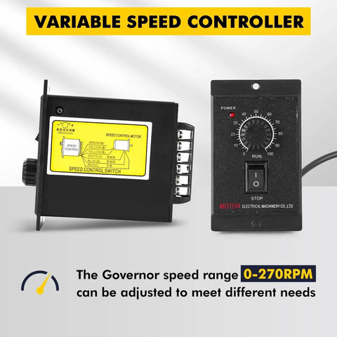 Variable speed controller for heavy duty 250W AC motor with 0 to 270 RPM, adjustable gearbox for industrial machinery and robotics.