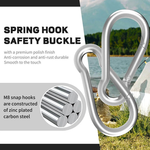 Close-up of galvanized steel spring snap hook with text highlighting anti-corrosion and rust features, outdoor tent scene in background