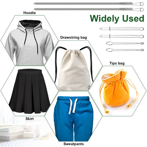 Image showing 6 Pcs Drawstring Threader Tool Set With 3 Designs For Hoodie Strings Pants Shorts Shoes Sweatpants And Bags Spring Threaders, alongside examples including a hoodie, sweatpants, skirts, and bags.