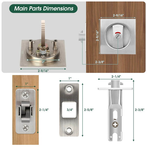 Dimensions and components of Keyless Privacy Pocket Door Lock With Visual Indicator For Bedroom And Bathroom Sliding Doors Square Handle Rust Proof Zinc Alloy Hardware For Interior Doors Easy Install And Smooth Quiet Operation