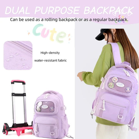 Girls Rolling Backpack For School With Wheels Durable Lightweight Polyester Trolley Bag In Purple, High-Density Water-Resistant Fabric