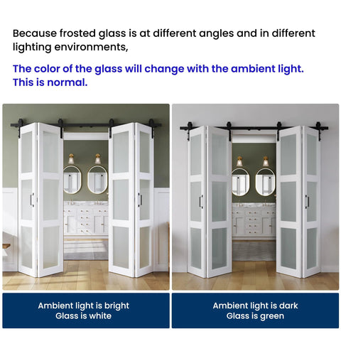72 Inch By 84 Inch Bifold Barn Door With Frosted Glass Hardware Kit Included Pre Drilled Holes No Fuss Easy Assembly White Waterproof PVC Coated Solid Slab Space Saving Design For Laundry Room Pantry Closet Kitchen And More shown with ambient lighting variations.