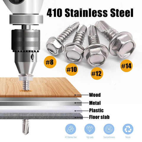 840 Pcs Self Tapping Screws for Metal Kit in 410 Stainless Steel shown with screw applications on wood, metal, plastic.