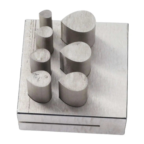 Disc Cutter Set With 7 Dies In 45 Steel for cutting metal, leather, and paper, featuring drop shaped cutters in multiple sizes, craft kit