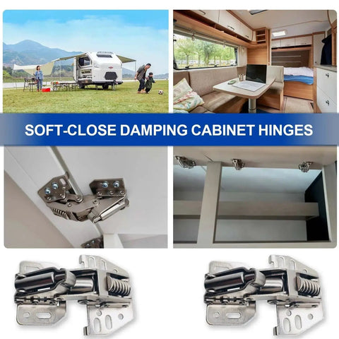 4-pack RV marine-grade cabinet hinges with soft-close dampers; front view, side mounting, close-up hinge, installed in RV cabinet.