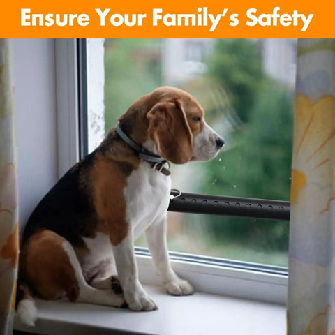 Beagle sitting by window with Sliding Door Security Bar Adjustable From 17 To 51 Inches in place, black steel construction.