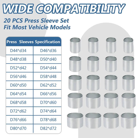 20 pcs press sleeve set with compatibility chart and sleeve sizes for universal vehicle use.