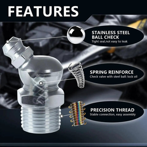Close-up of grease fitting with features highlighted: stainless steel ball, spring reinforcement, and precision thread