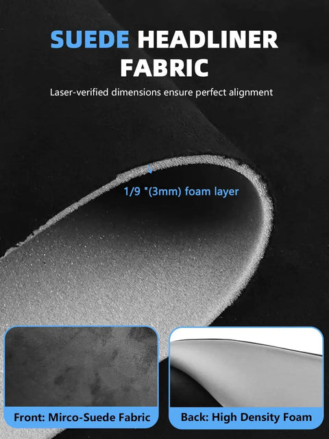 Close-up of Black Suede Headliner Fabric 96 by 60 Inch Foam Backed Auto Interior Material showing micro-suede and foam layer.