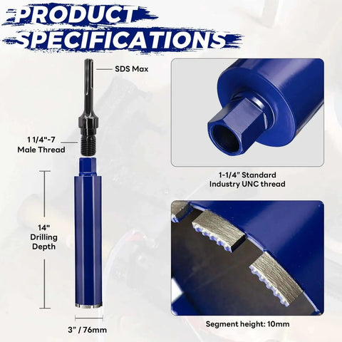 3 Inch Concrete Core Drill Bit With SDS Max Adapter Kit, 14 Inch Cutting Depth, Upgraded Welded Teeth