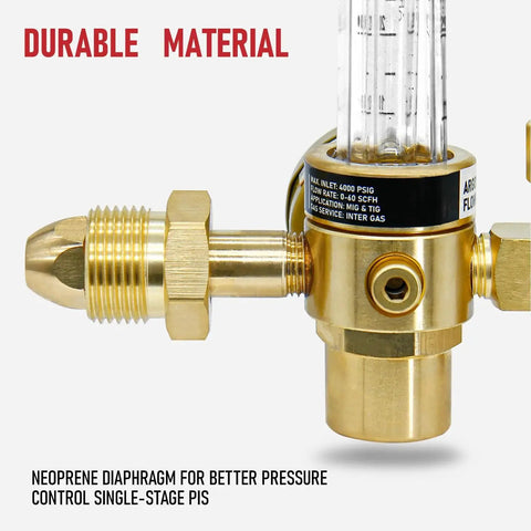 Close-up of brass Argon Regulator Flowmeter Gas Gauge For MIG And TIG Welding With Gas Hose CGA 580 Inlet Compatible With Argon Helium And CO2 Tanks.
