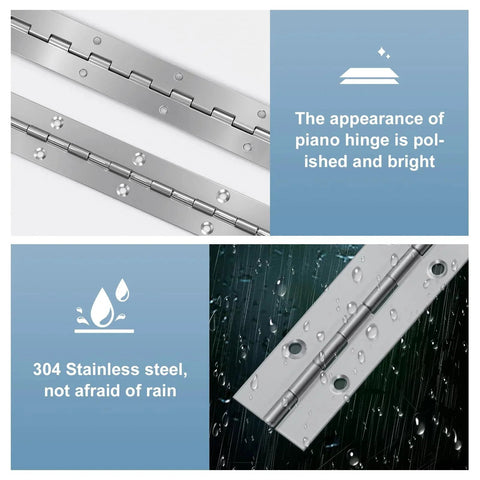 12 Inch Stainless Steel Piano Hinges 2 Pack With Countersunk Holes And 24 Stainless Steel Screws displayed with waterproof feature