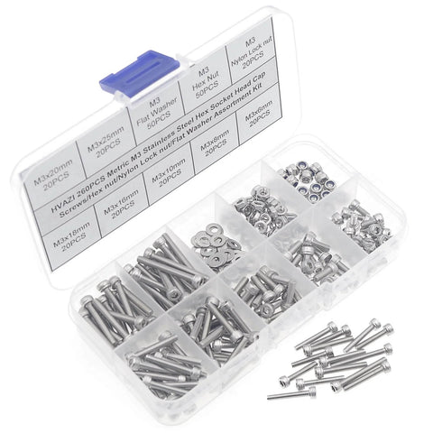 Metric M3 Stainless Steel Socket Head Cap Screws Kit With Hex Nuts Nylon Lock Nuts Flat Washers 260 Pc Set in plastic box